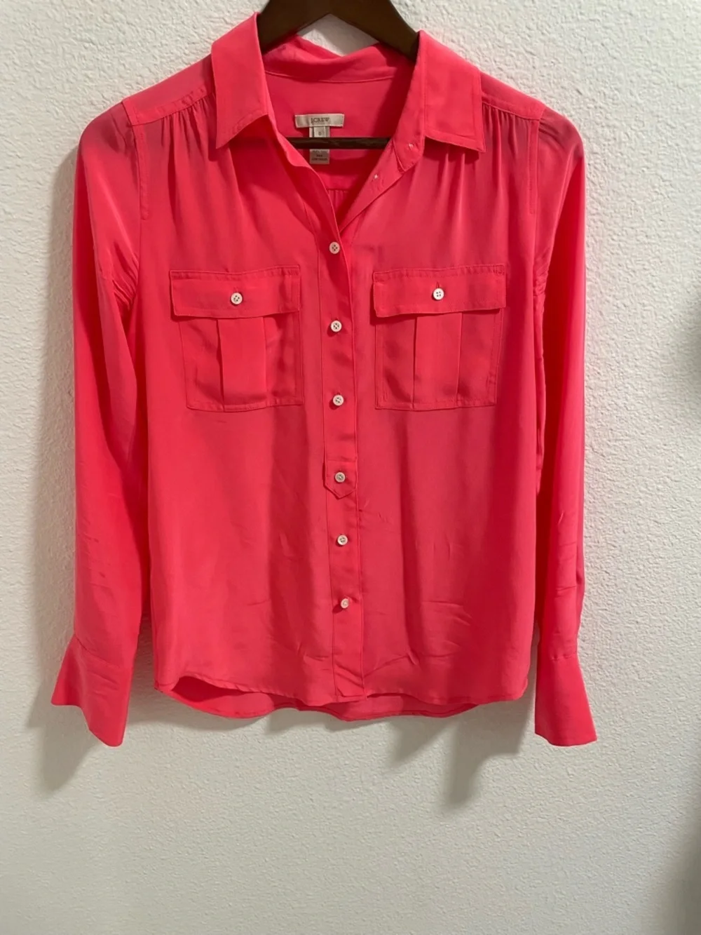 J. Crew Coral Pink Silk Button-Down Shirt with Chest Pockets
